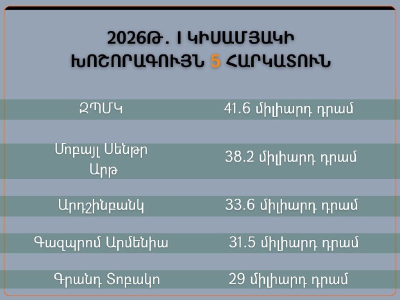 Диаграмма налоговых поступлений крупнейших налогоплательщиков Армении за первое полугодие 2026 года