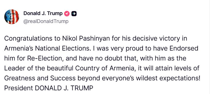 Поздравление Дональда Трампа Никола Пашиняну с победой на выборах в Армении